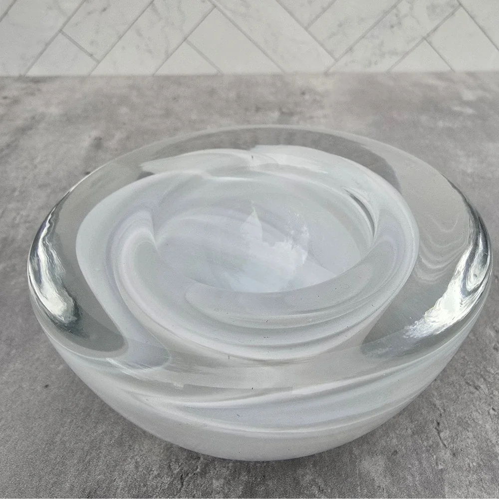 Heavy Art Glass Votive Candle Holders Set of 2 White Swirl Hurricane Design